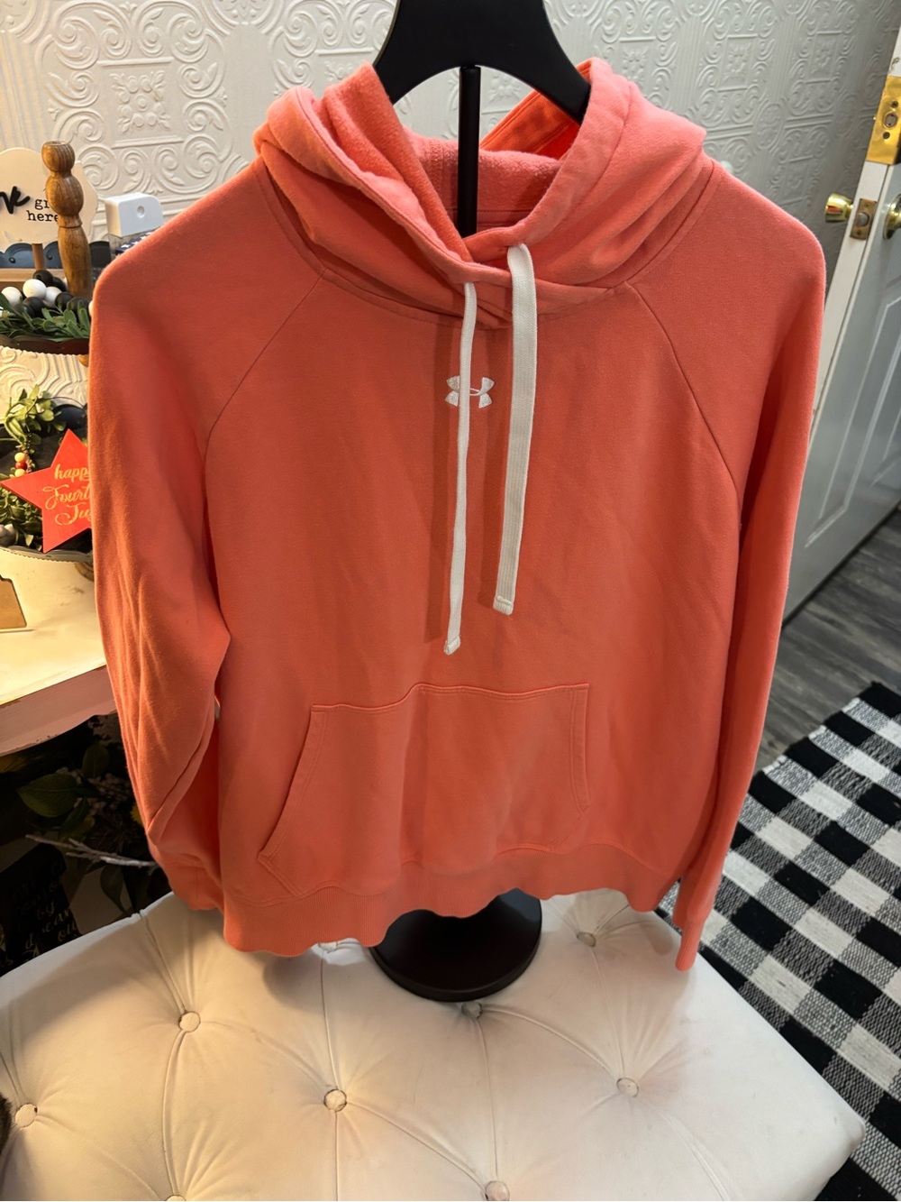 Under Armour Coral-Peach Pullover Hoodie with White Drawstrings